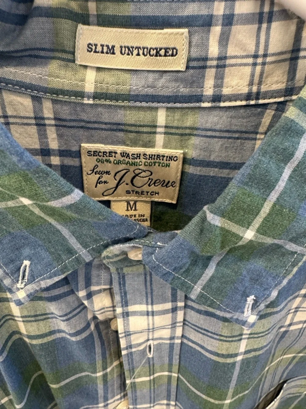 J. Crew Blue, Green & White Plaid Button-Down Shirt - Casual Collar